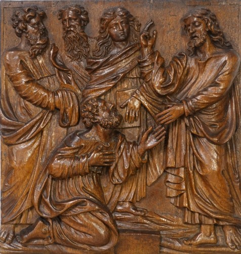Antiquités - Panneau sur chêne d'époque XVIIe - Christ guérissant l'aveugle Bartimée