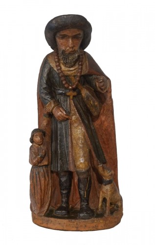 St Roch en bois sculpté polychrome d'époque XVIIe
