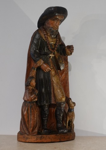 St Roch en bois sculpté polychrome d'époque XVIIe - Sculpture Style Louis XIII