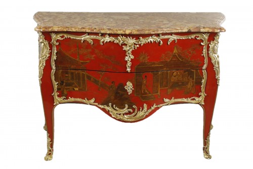 Chest of drawers in red lacquer with a Chinese landscape, Attributed to Adr