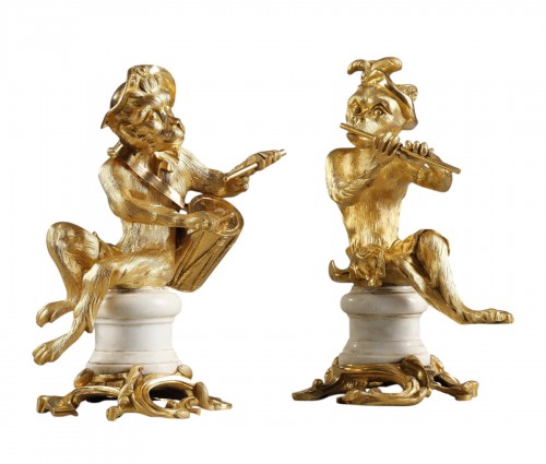 Pair of gilded bronze statuettes representing musical monkeys