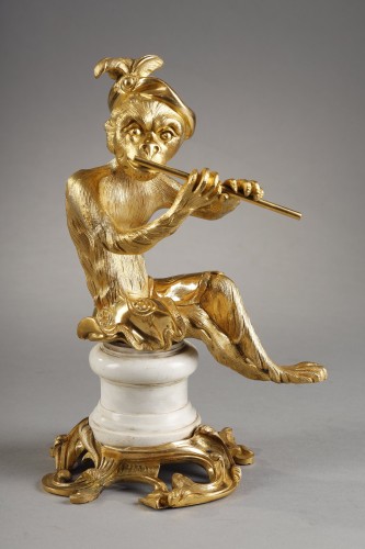 Louis XV - Pair of gilded bronze statuettes representing musical monkeys