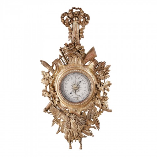 Grand baromètre en bois doré aux attributs de la chasse, époque Louis XVI