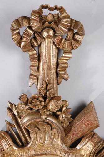 Objet de décoration Baromètre - Grand baromètre en bois doré aux attributs de la chasse, époque Louis XVI