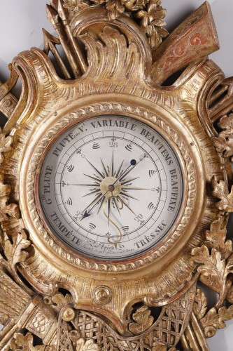 Grand baromètre en bois doré aux attributs de la chasse, époque Louis XVI - Galerie Gilles Linossier