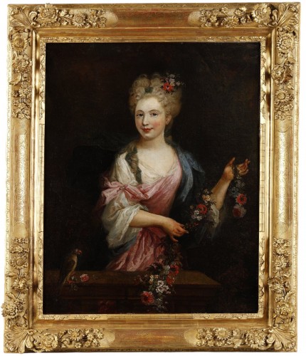 Portrait of a lady with a parrot, attributed to Pierre Gobert