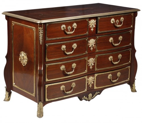 French Régence Period Mazarine Chest Of Drawers In Amaranth and Bronze