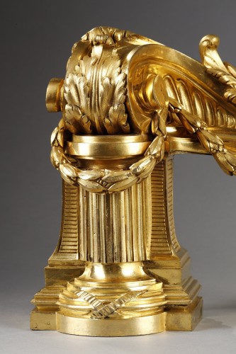 Paire de chenets d’époque Louis XVI en bronze doré - Galerie Gilles Linossier