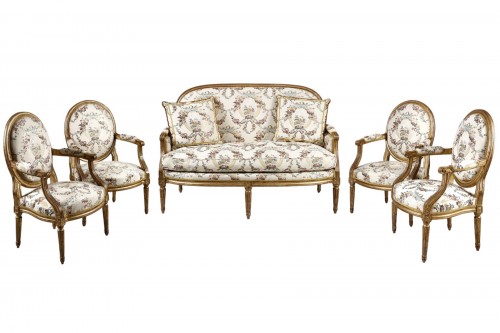 Salon d'époque Louis XVI en bois doré, attribué à Jean-Baptiste Sené