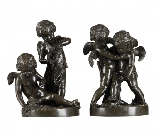 Paire de groupe de Putti en bronze fin XVIIIe
