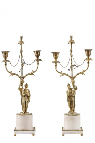 Pair of Louis XVI ormolu and marble candlesticks