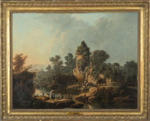 Jean Pillement (1728-1808), Figures fishing in a river landscape