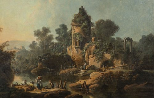 Jean Pillement (1728-1808), Figures fishing in a river landscape - Paintings & Drawings Style 