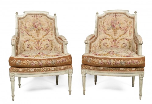 Pair of Louis XVI tapestry wingchairs stamped Lelarge