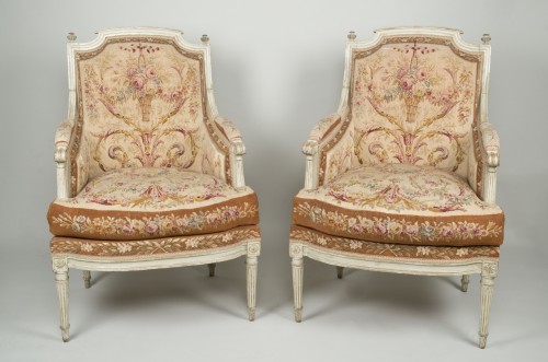 Antiquités - Pair of Louis XVI tapestry wingchairs stamped Lelarge