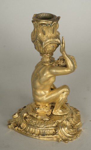 Antiquités - Gilt bronze candlestick depicting a man sat on a rock