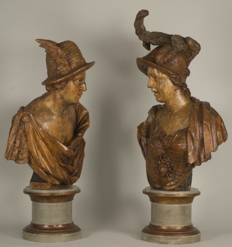 Pair of busts depicting Mercury and Minerva, German work from the 18th century - Sculpture Style 