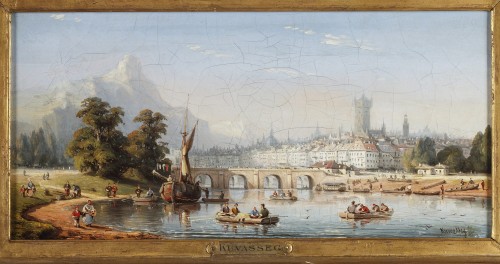 C.E. KUWASSEG (1838- 1904) - Paysage de montagne avec barques et promeneurs - Tableaux et dessins Style 