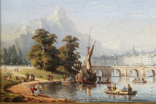 Paintings & Drawings  - C.E. KUWASSEG (1838- 1904) - Mountain Landscape With Rowing Boats And Walkers Near The Br