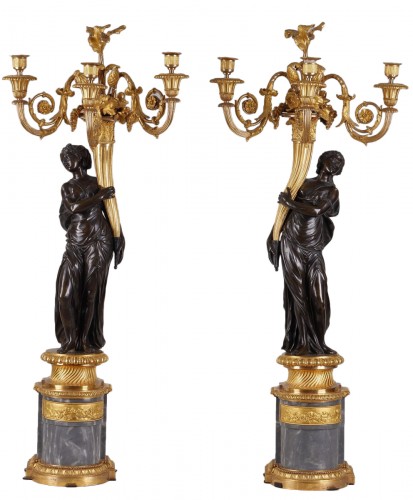 Pair of Louis XVI gilt and patinated bronze candelabra Attributed to REMOND