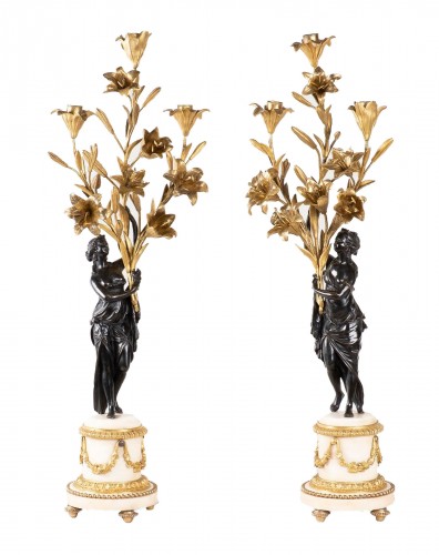 Pair Of Candelabra In Carrara Marble And Patinated And Gilded Bronze