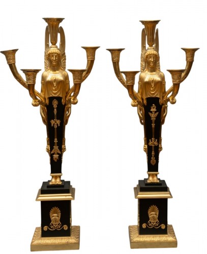 A Pair of French Empire Five-Light Candelabra, Ormolu & Patinated