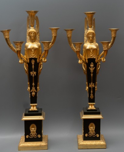 A Pair of French Empire Five-Light Candelabra, Ormolu &amp; Patinated - 