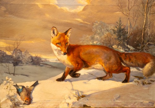 Fox with Jay in Winter Landscape, German School, circa 1885–1905