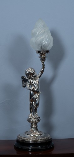Lampe de table figurative en argent sterling — Putto ailé à la torche - Luminaires Style Art nouveau