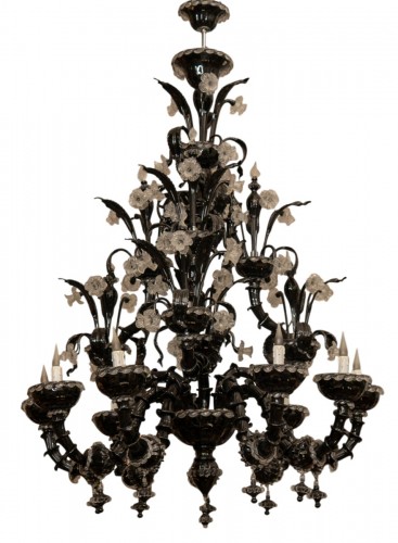 Monumental Twelve-Light Black Murano Glass Chandelier
