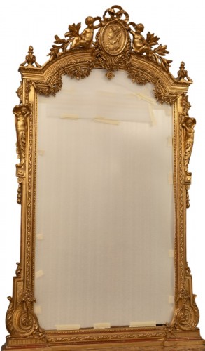 Important miroir trumeau d'époque Napoléon III en bois et stuc dorés