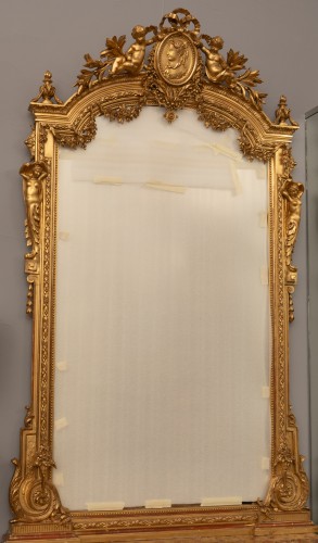 Important miroir trumeau d'époque Napoléon III en bois et stuc dorés - Miroirs, Trumeaux Style Napoléon III