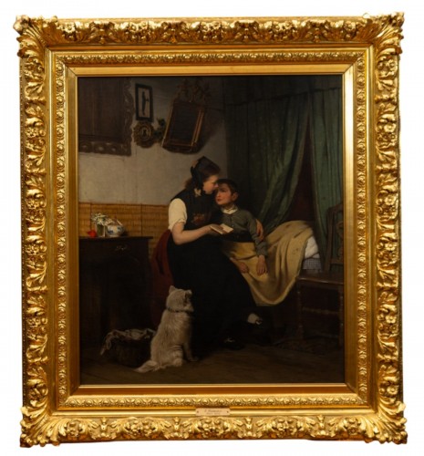 A Tender Moment: Mother Comforting Her Sick Son, with Their Faithful Dog