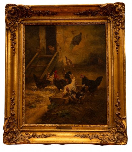 Hens and a Cockerel in a Barn Interior - Charles Émile Jacque (Paris 1813 1894)