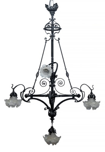 Art Nouveau wrought-iron chandelier, four lights, France c. 1910