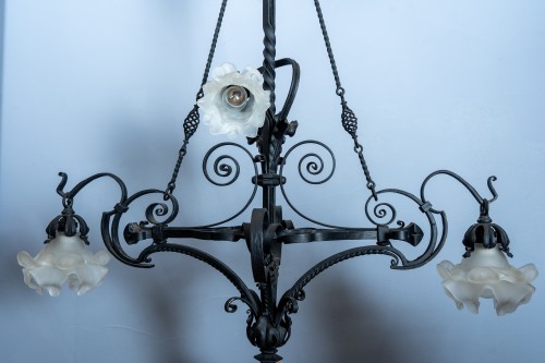 Four lights Art Nouveau wrought-iron chandelier, France circa 1910 - 