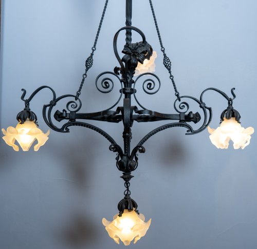 Antiquités - Four lights Art Nouveau wrought-iron chandelier, France circa 1910