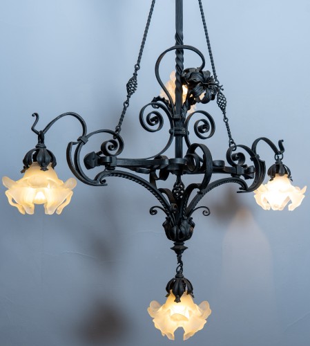 Antiquités - Four lights Art Nouveau wrought-iron chandelier, France circa 1910