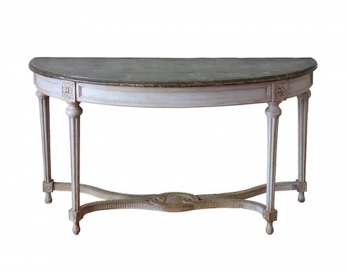 Console demi-lune d'époque Louis XVI, bois patiné et faux marbre