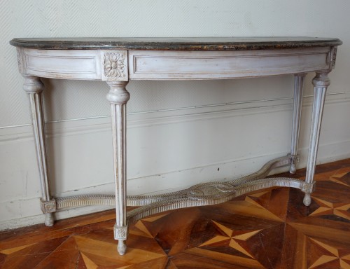 Mobilier Console - Console demi-lune d'époque Louis XVI, bois patiné et faux marbre