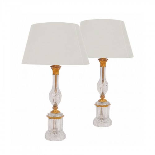 Le Creusot : pair of tall crystal & ormolu Charles X lamps - ca 1830