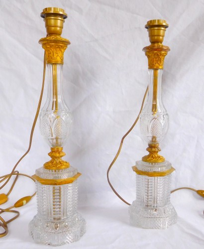 Le Creusot : pair of tall crystal &amp; ormolu Charles X lamps - ca 1830 - Lighting Style Restauration - Charles X
