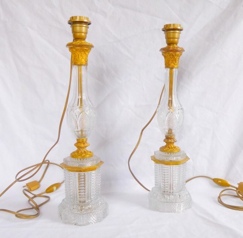 Lighting  - Le Creusot : pair of tall crystal &amp; ormolu Charles X lamps - ca 1830
