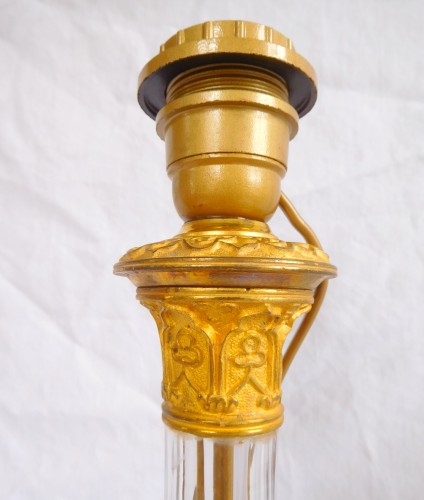 Antiquités - Le Creusot : pair of tall crystal &amp; ormolu Charles X lamps - ca 1830