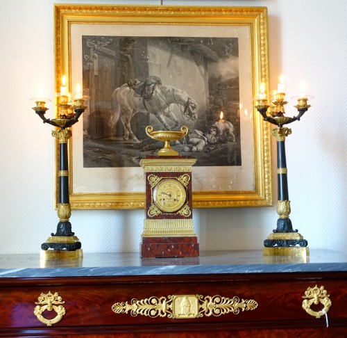 Antiquités - pair of patinated bronze and ormolu candelabras, circa 1830