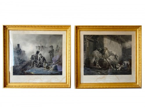 Pair of period engravings Restauration after Horace Vernet - Le Trompette blessé &amp; Le chien du régiment 