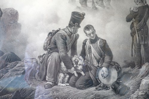 Antiquités - Paire de gravures d'époque Restauration - Le Trompette blessé & Le chien du régiment