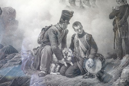 Antiquités - Pair of period engravings Restauration after Horace Vernet - Le Trompette blessé &amp; Le chien du régiment 