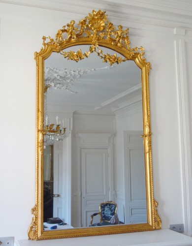 Miroirs, Trumeaux  - Grand miroir de cheminée en bois doré, glace au mercure