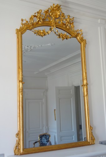Grand miroir de cheminée en bois doré, glace au mercure - GSLR Antiques
